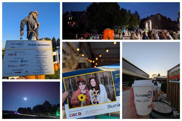 Photo collage from Illuminight event showing a sponsor sign, a crowded night scene, guests in a photo booth, decorative lights, and a hand holding an event-branded coffee cup.