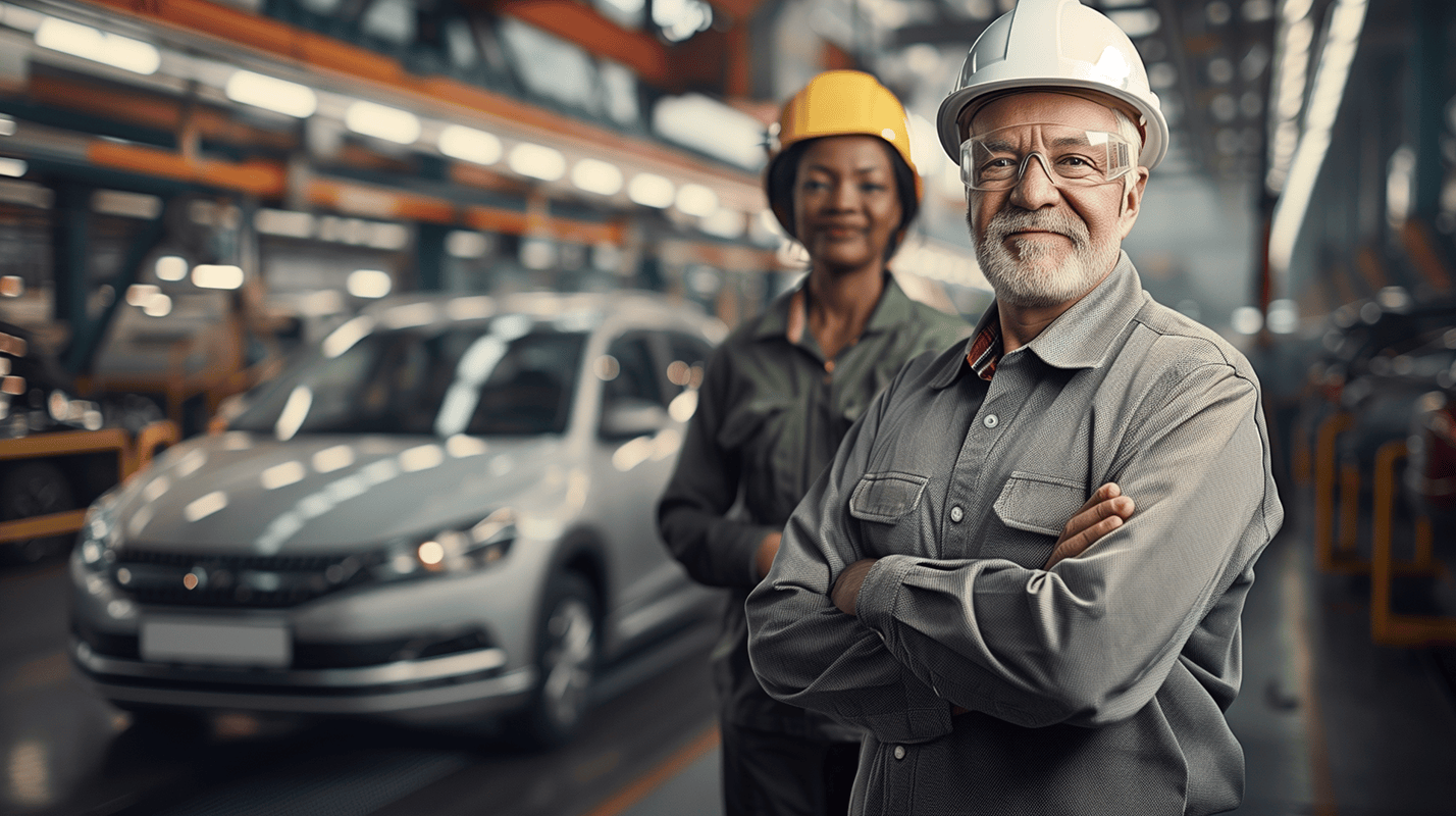 Two autoworkers standing in front of a car in the shop 1 